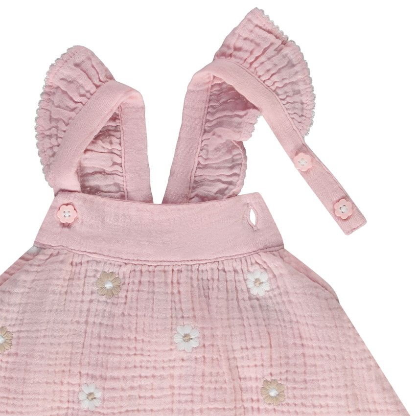 Tunique sans manches en double gaze broderies fleurs pour bébé fille - Rose
