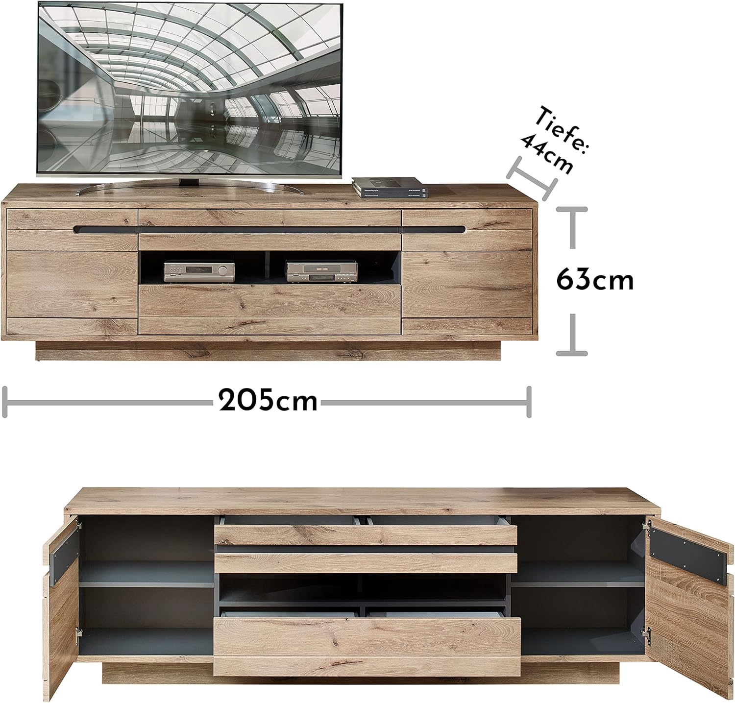 Stella Trading BELLANO TV-Lowboard in Viking Eiche Optik, Graphit - Moderner TV Schrank mit Schubladen und viel Stauraum für Ihr Wohnzimmer - 205 x 63 x 44 cm (B/H/T)