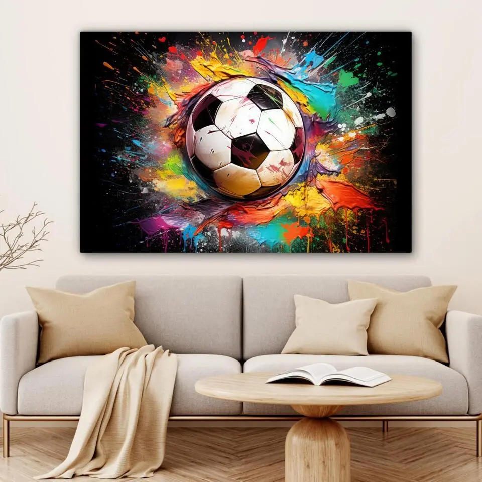 MuchoWow Canvas Schilderij 120x80cm Voetbal Verf Kleuren Zwart