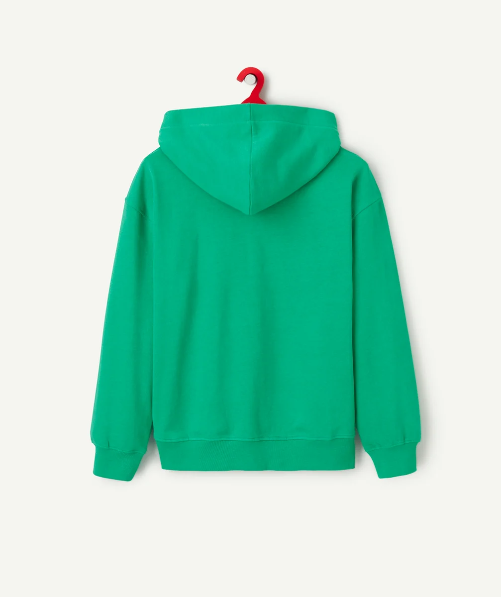 SWEAT À CAPUCHE GARÇON EN COTON BIO VERT AVEC MESSAGE STYLE CAMPUS
