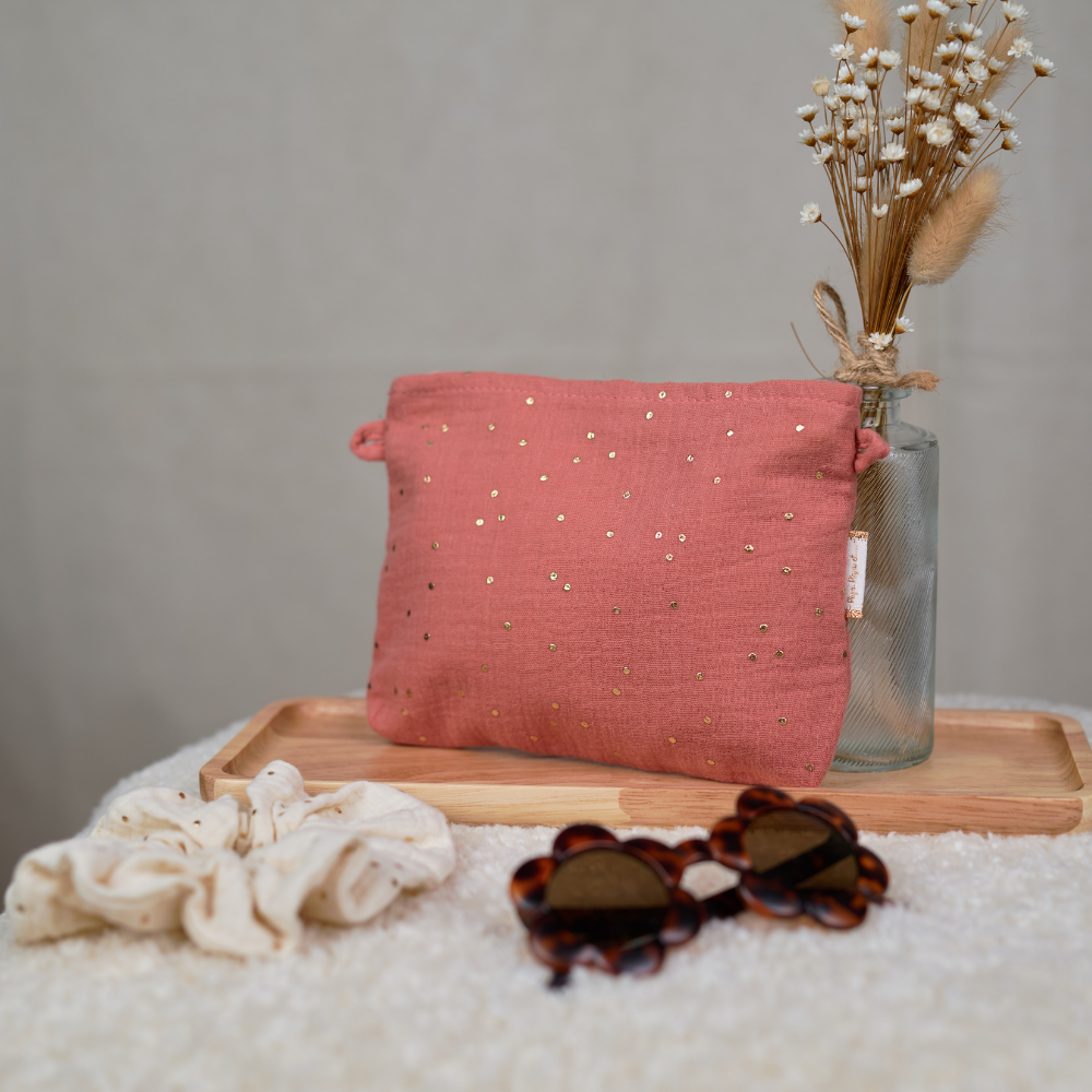 Mini Pochette Tissu Gaze Pois Or Rose Blush