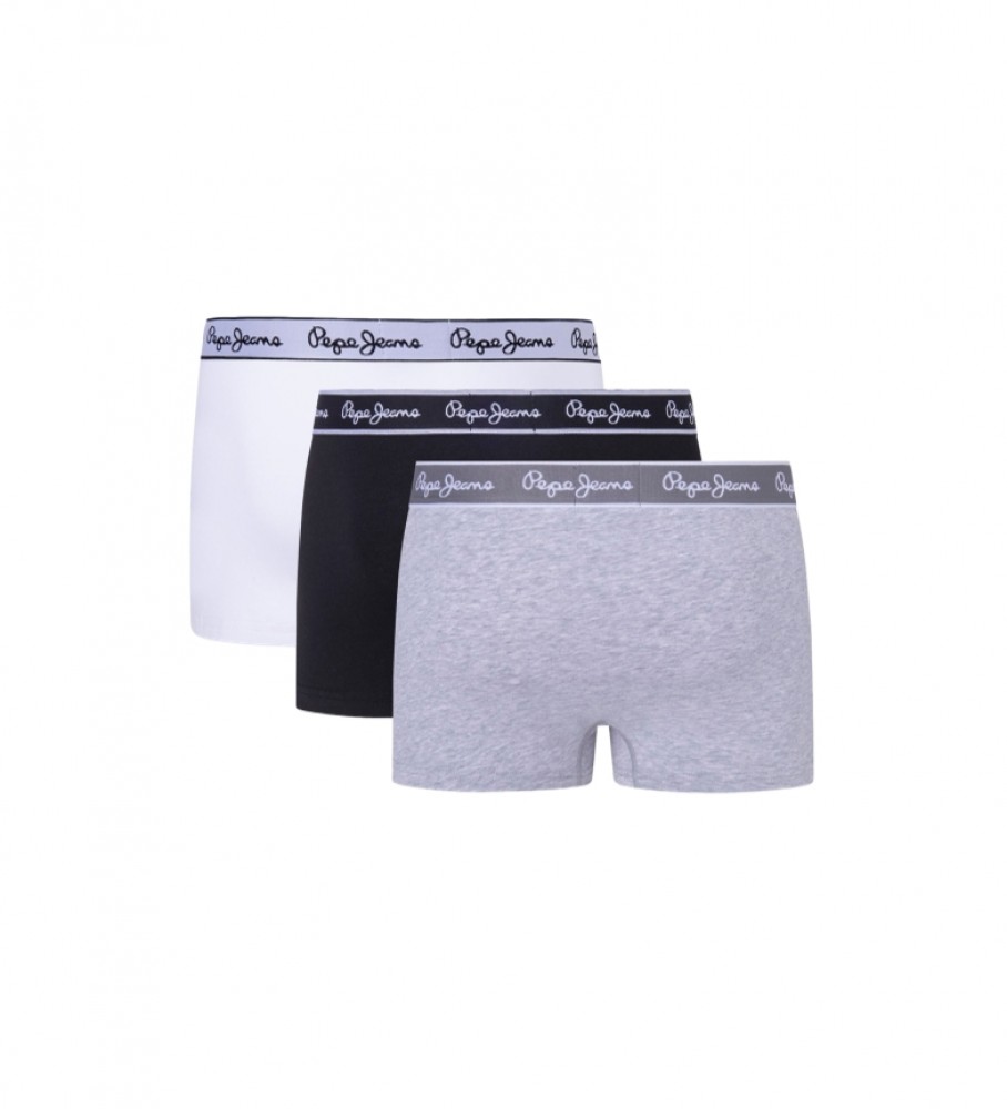 Pacote com 3 cuecas boxer Pepe Jeans com logo e elástico nas cores branca, preta e cinza.