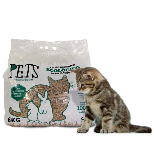 Cama higiênica ecológica bioflorestal para gatos, feita de madeira natural.