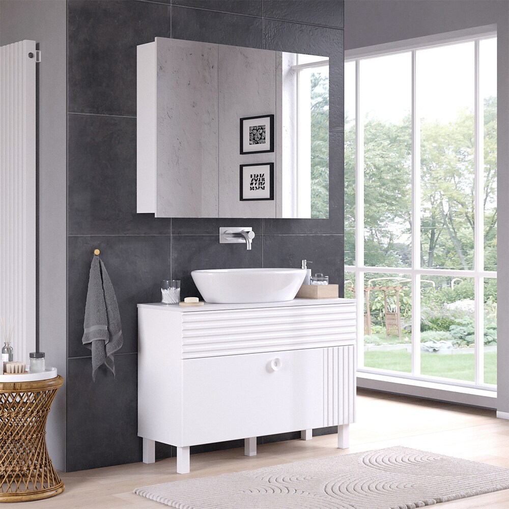 Vicco Badmöbel-Set Sola Weiß matt, moderne Serie, Badezimmer, dekorative Front Waschtischunterschrank Spiegelschrank