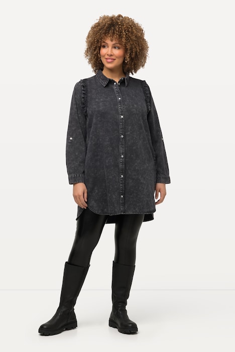 Hemdbluse, Schulter-Rüsche, A-Linie, Hemdkragen, Langarm