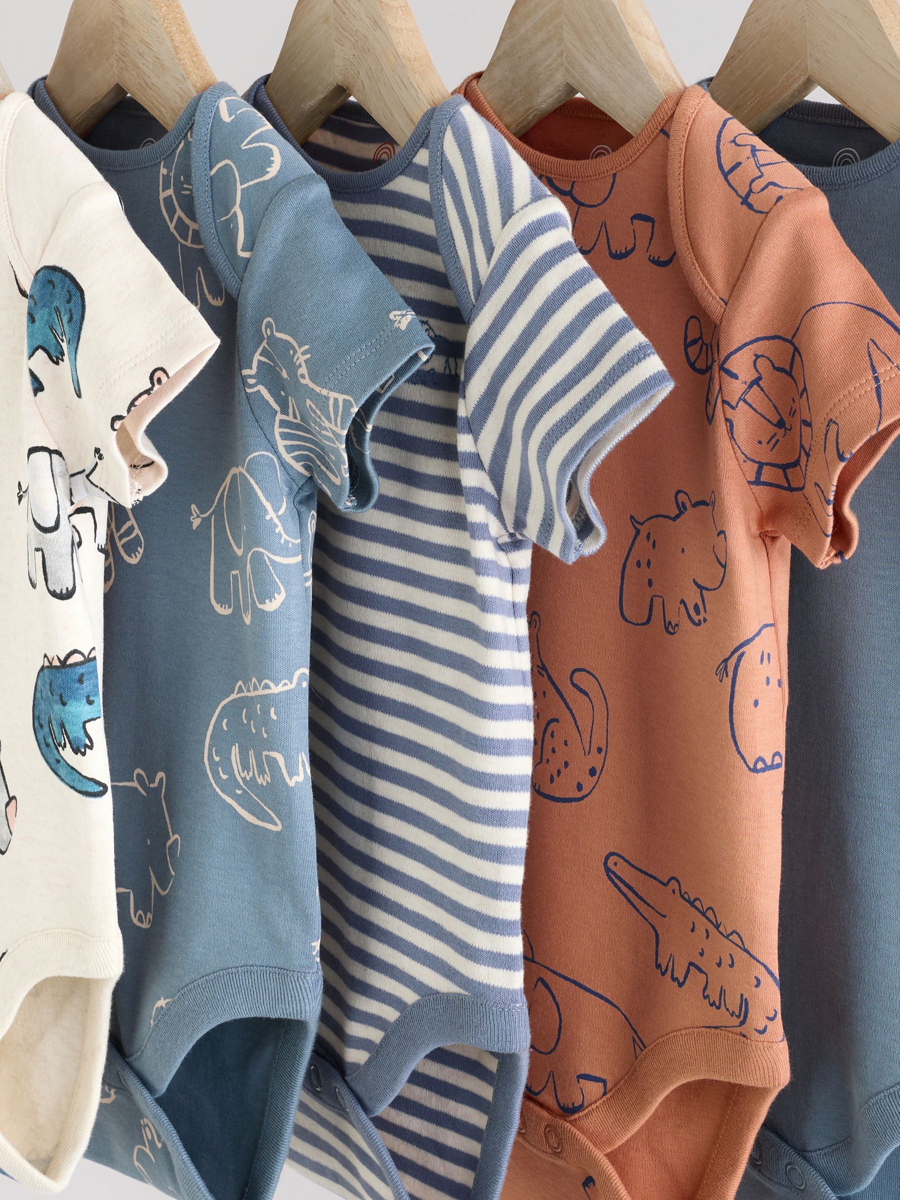 Marineblauw/ Lichtbruin Safari - Verpakking van 5 babyrompertjes met korte mouw van 100% katoen