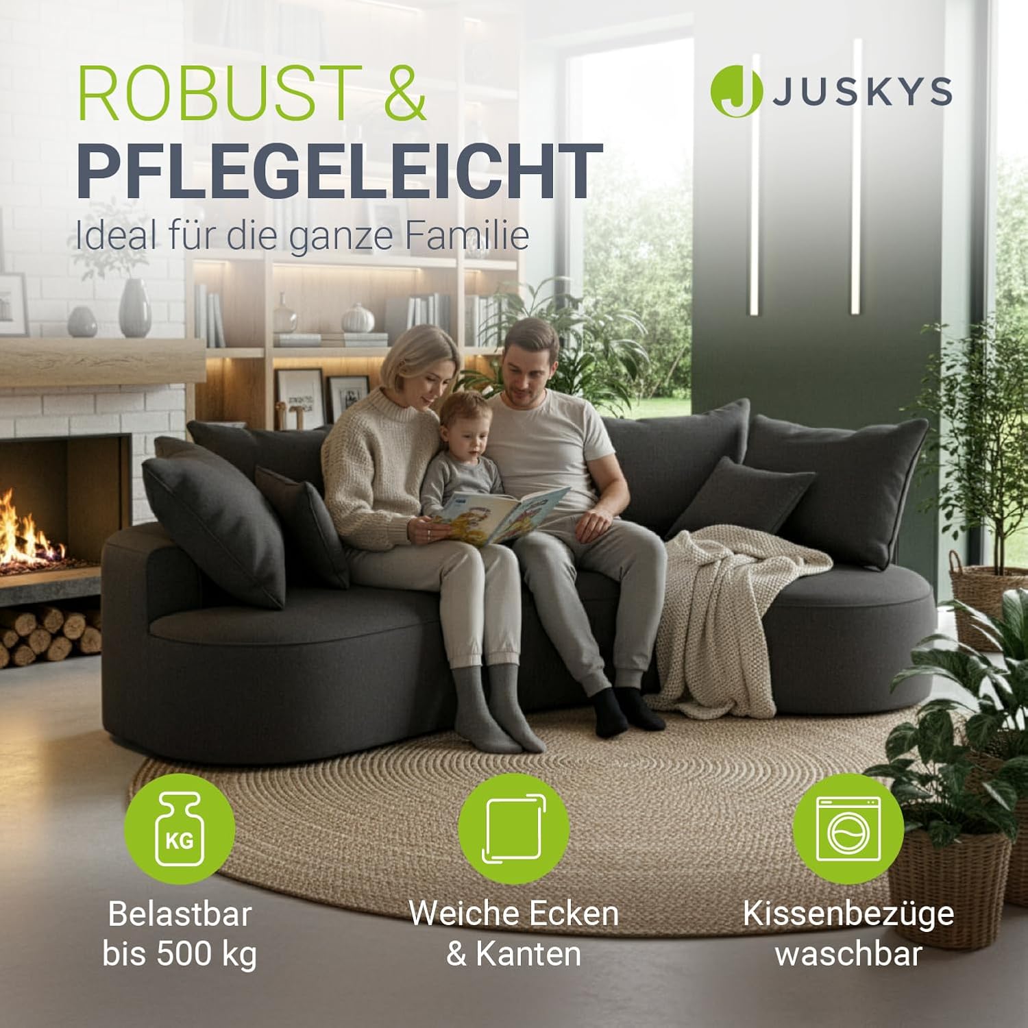 Juskys Sofa Tirano - Samt Grau, Ecksofa mit L-Form, mit Rücken- & Dekokissen, 4-Sitzer Eckcouch, Schaumstoff - Ottomane rechts