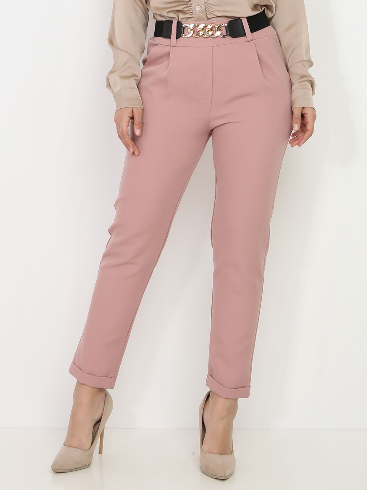 Pantalon droit avec ceinture à maillons- Rose
