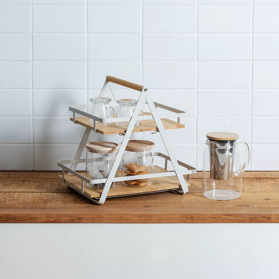 Etagère cuisine transportable en bois 2 niveaux avec anse (H29 cm) Ordera Blanche