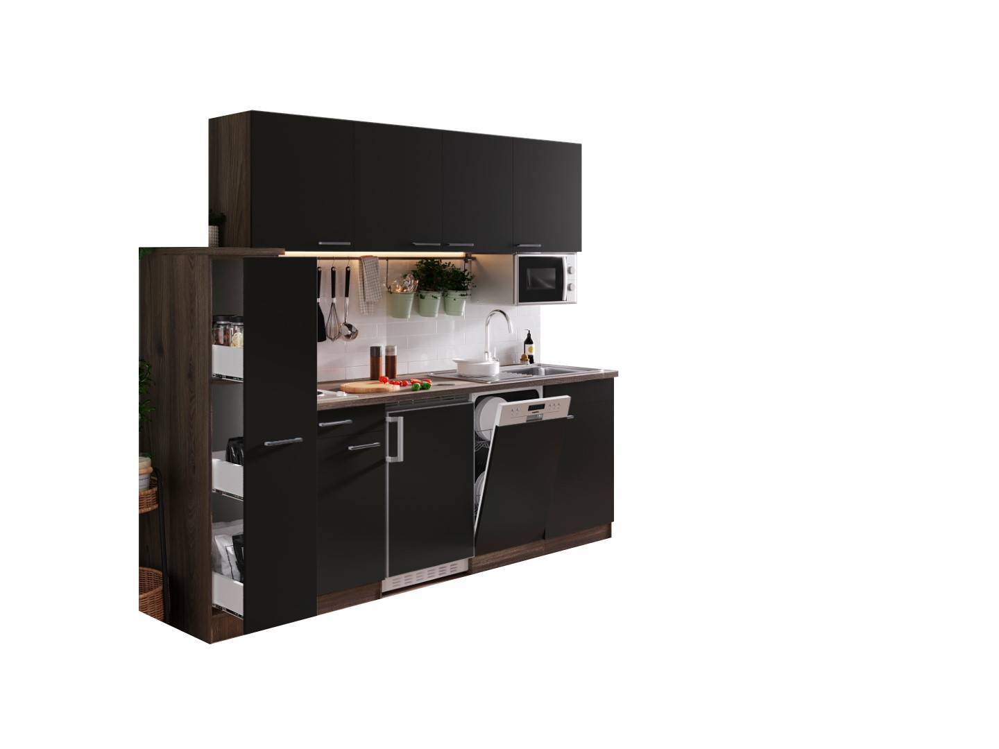 RESPEKTA Singleküche OLIVER - schwarz - Eiche York - mit E-Geräten - 225 cm