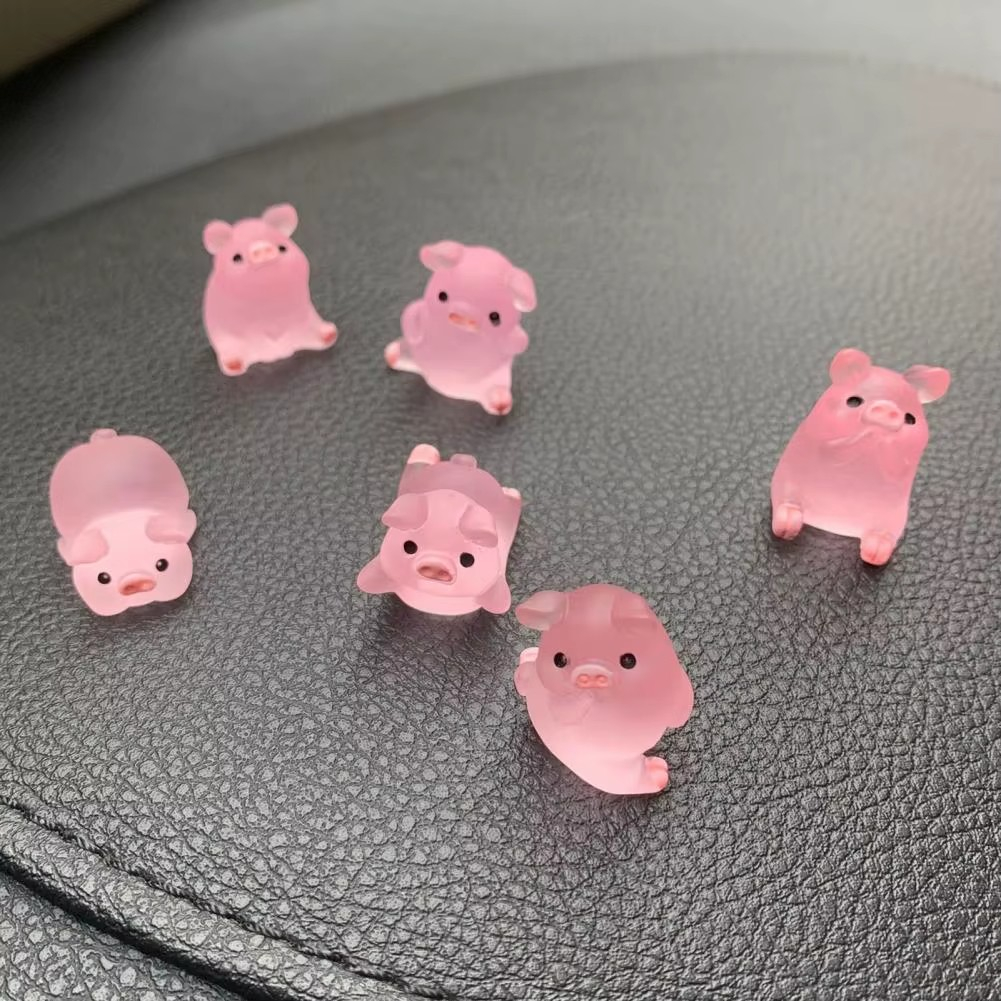 (6er Set) 22mm Fluoreszierende Schwein Figuren Leuchtende Mini Schweinchen Garten Deko Glücksbringer - Rosa