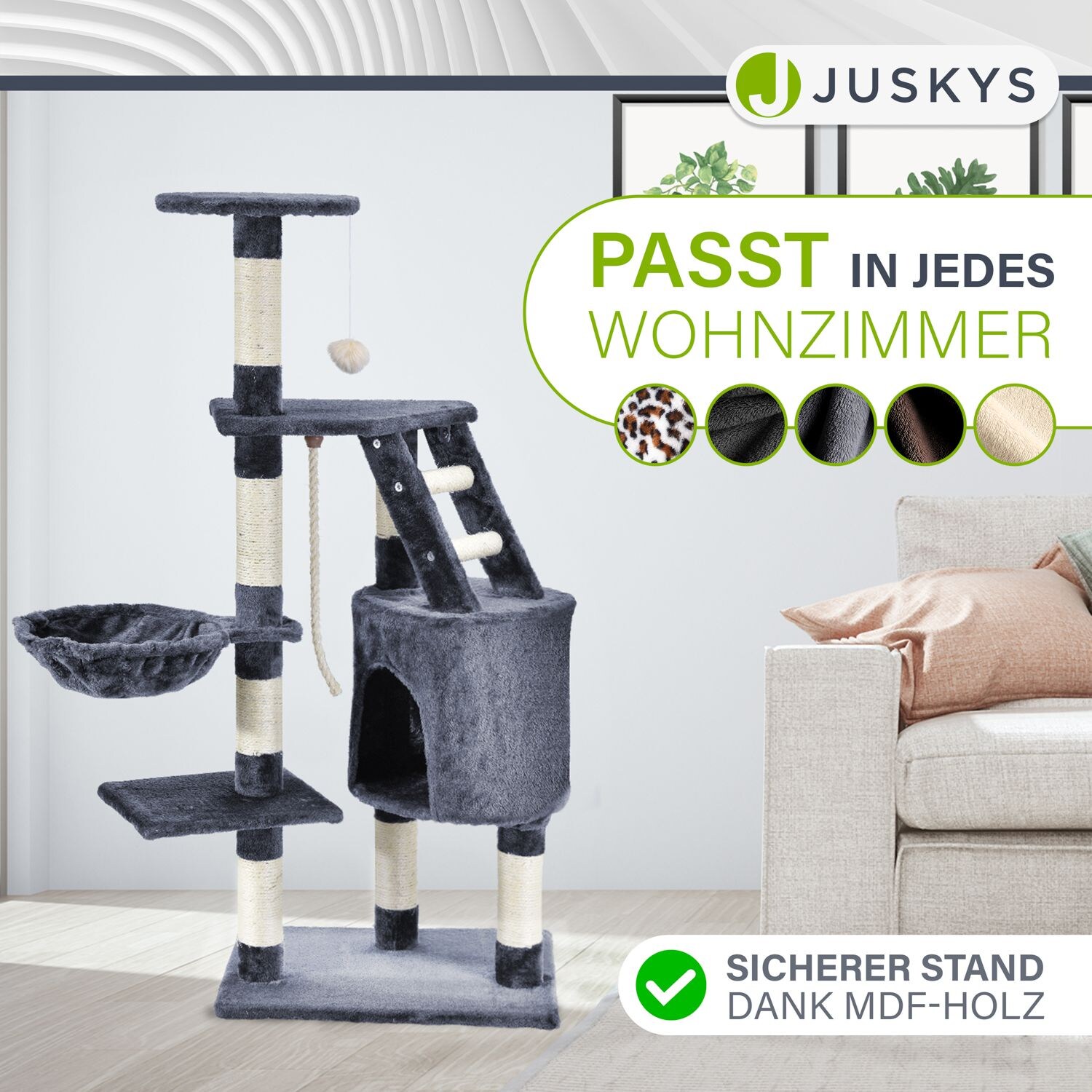 Juskys Kratzbaum Buffy grau – Katzenbaum mit Höhle, Liegemulde, Liegeflächen & Sisal-Stämme