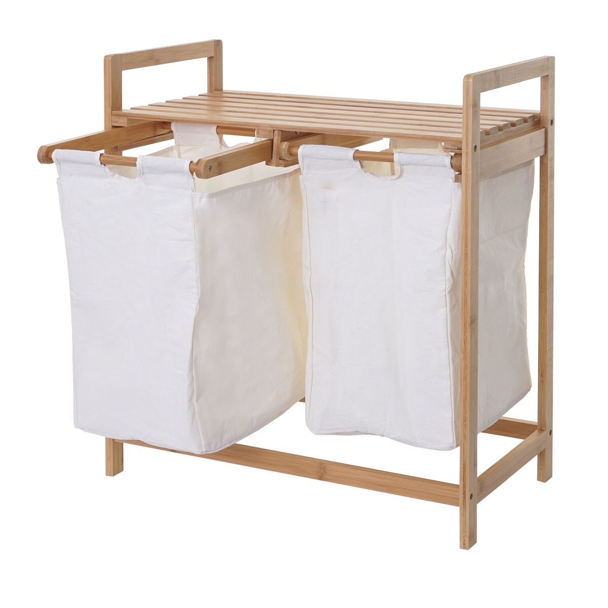 Wäschesammler MCW-B83, Laundry Wäschesortierer Wäschekorb Wäschebehälter, Bambus 2 Fächer 74x64x33cm 70l ~ weiß