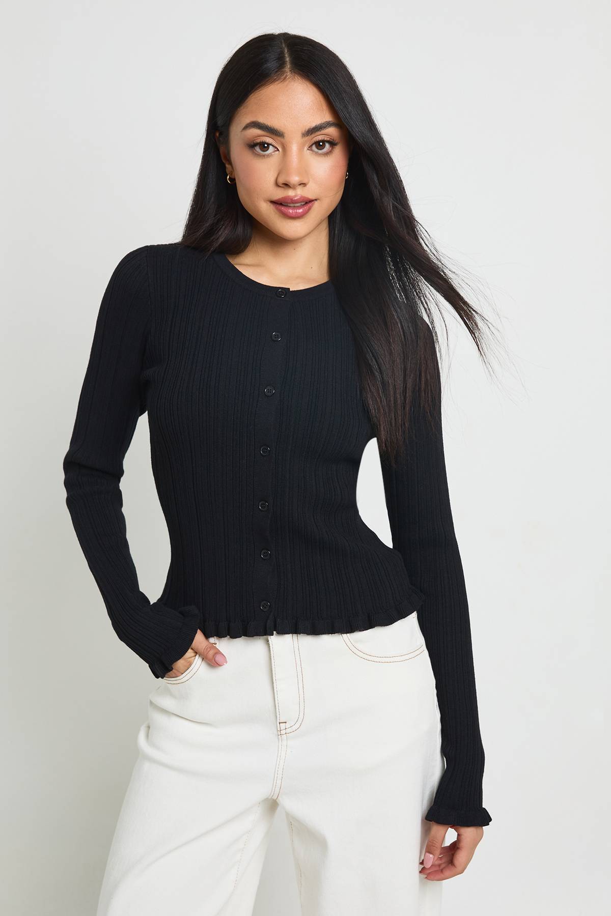 boohoo Cardigan Côtelé À Bords Ondulés