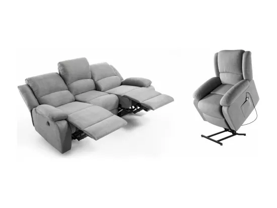 Ensemble canapé relax électrique Léo 3 places + fauteuil releveur en microfibre grise - Loungitude