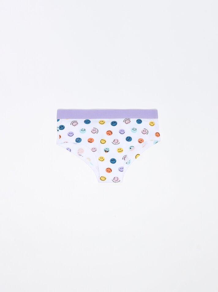Pacote com 3 calcinhas estampadas com carinhas sorridentes - Cores variadas