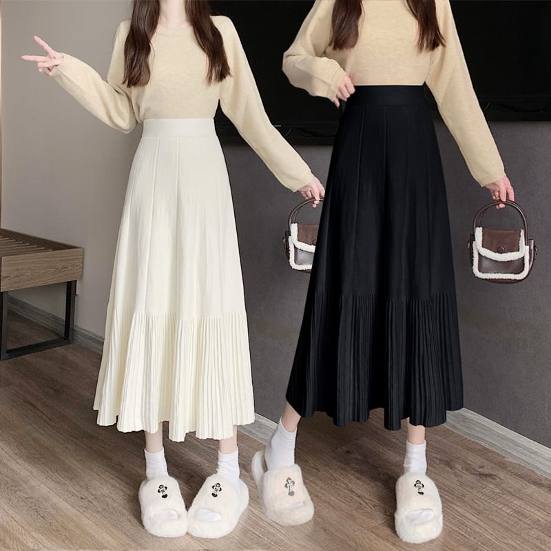 Luminato - Effen midi-A-lijn gebreide rok met elastische taille