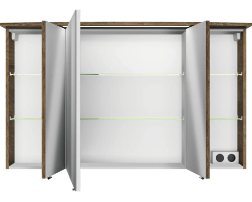 Badkamermeubelset Pelipal serie 4010, afmetingen (B x H x D): 122 x 200 x 48 cm, fronten in eikenhouten look, Ribbeck badkamermeubelset met 4 delen, inclusief witte keramische wastafel, keramische wastafelkast en spiegelkast met ledverlichting.