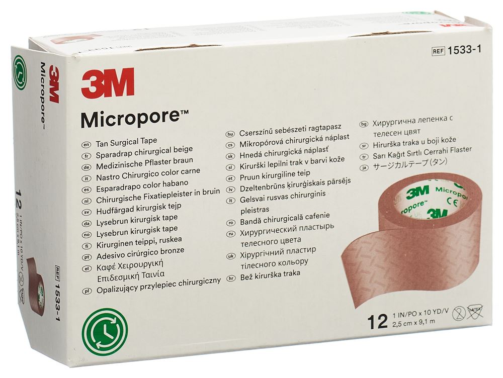 MICROPORE Rollenpflaster ohne Dispenser<br>12 Stück, Rolle, 25mmx9.14m, hautfarbig