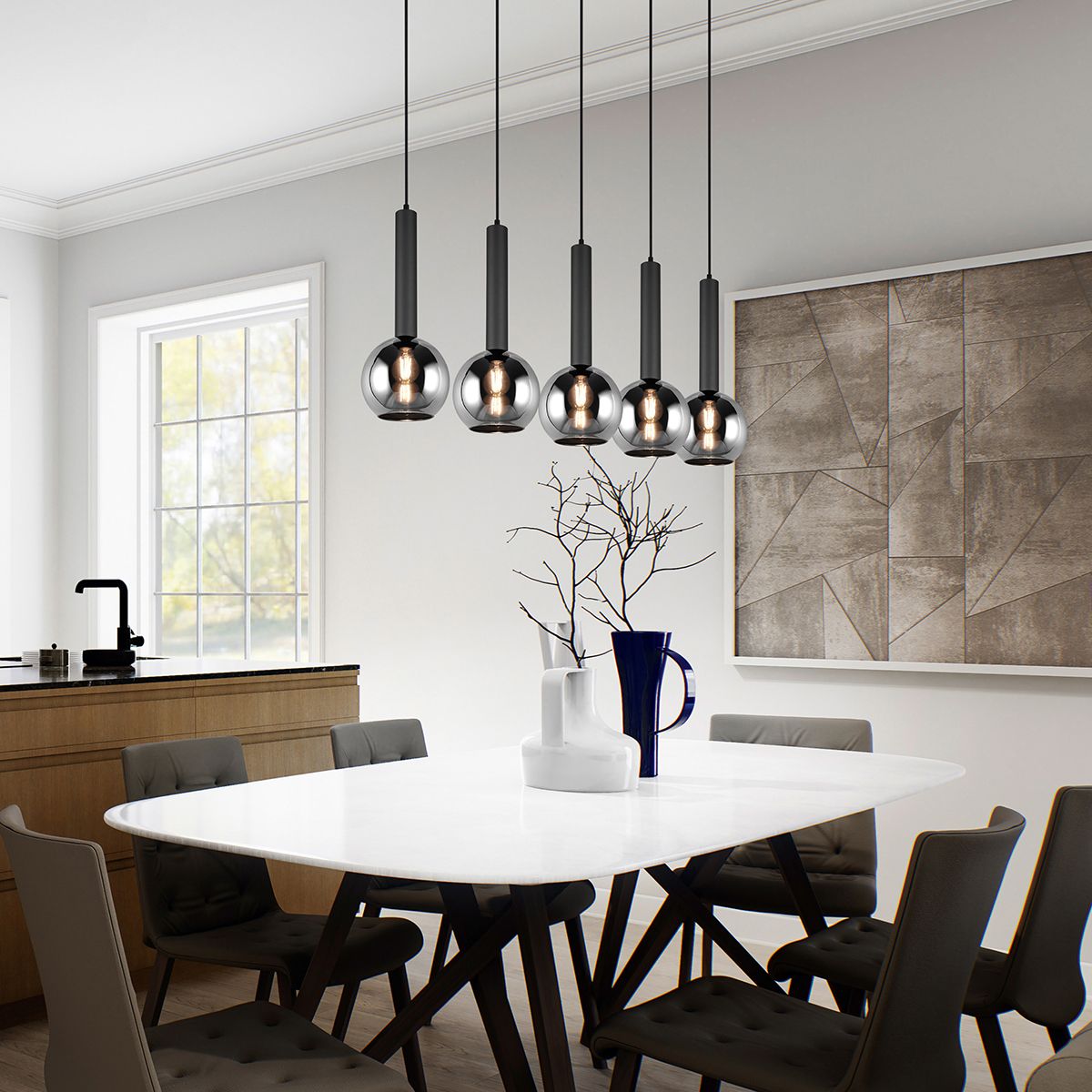 Moderne hanglamp zwart met smoke glas 5-lichts - Clayton