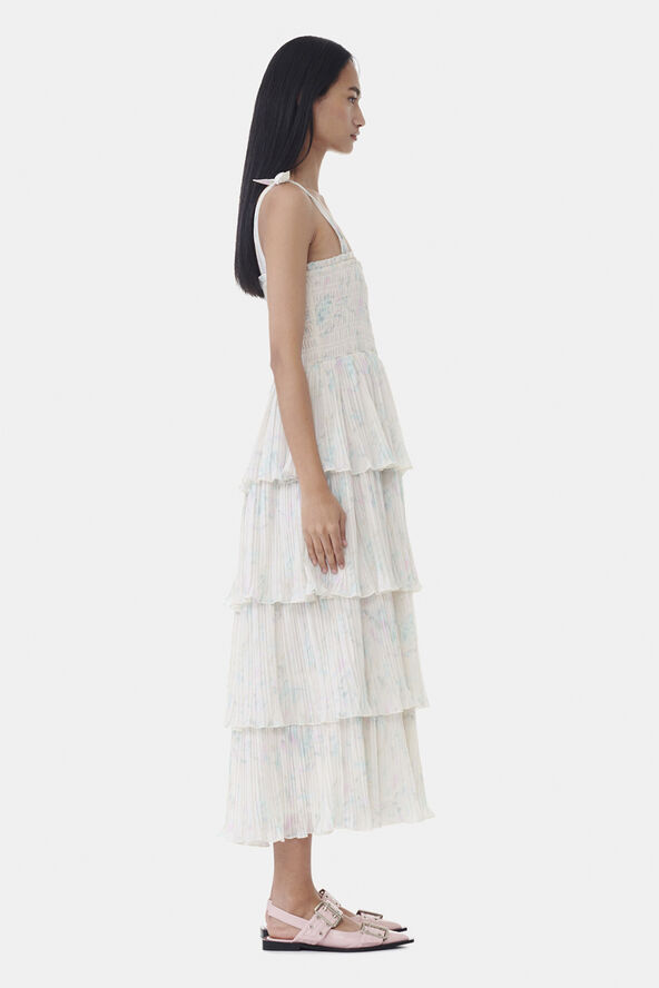 Ganni Pleated Georgette Strap Smock Midi Tofu