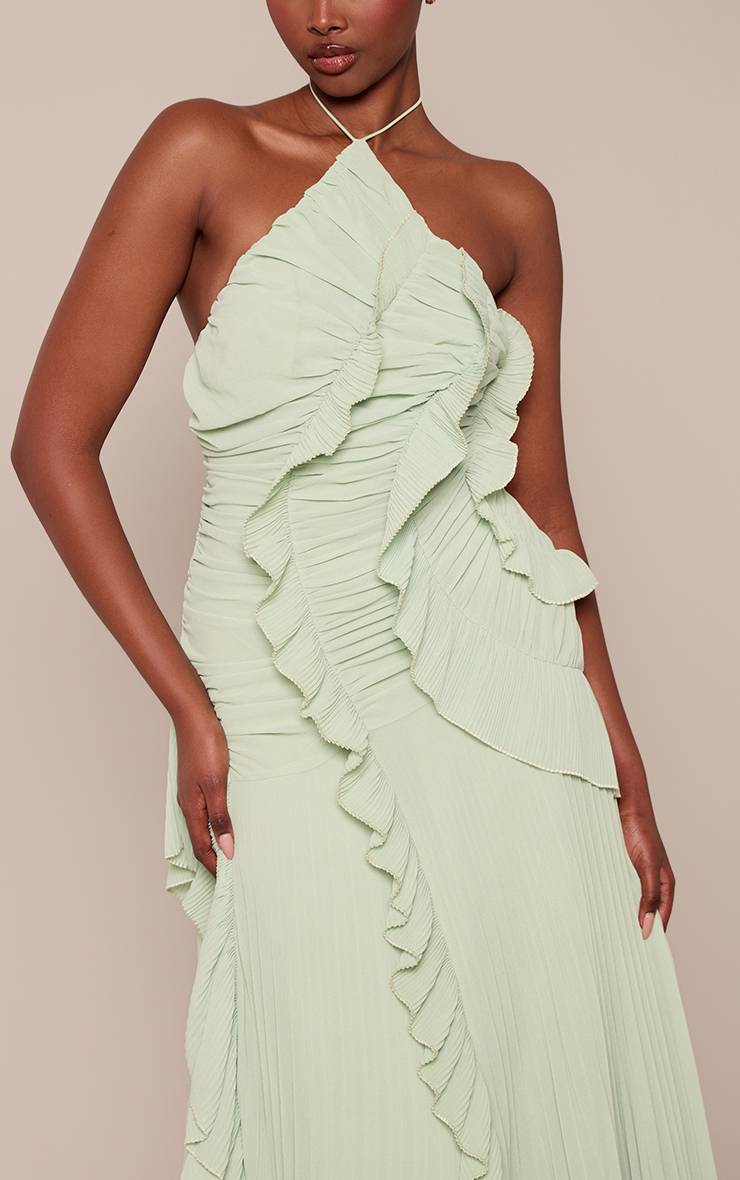 Vert Robe Maxi Plissée À Volants Et Col Licou