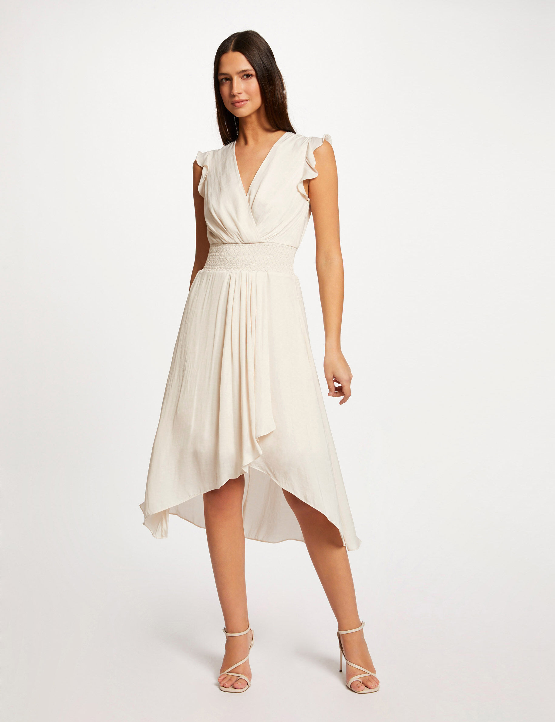 Robe midi évasée fluide drapée smockée ecru moyen femme - ecru_moyen