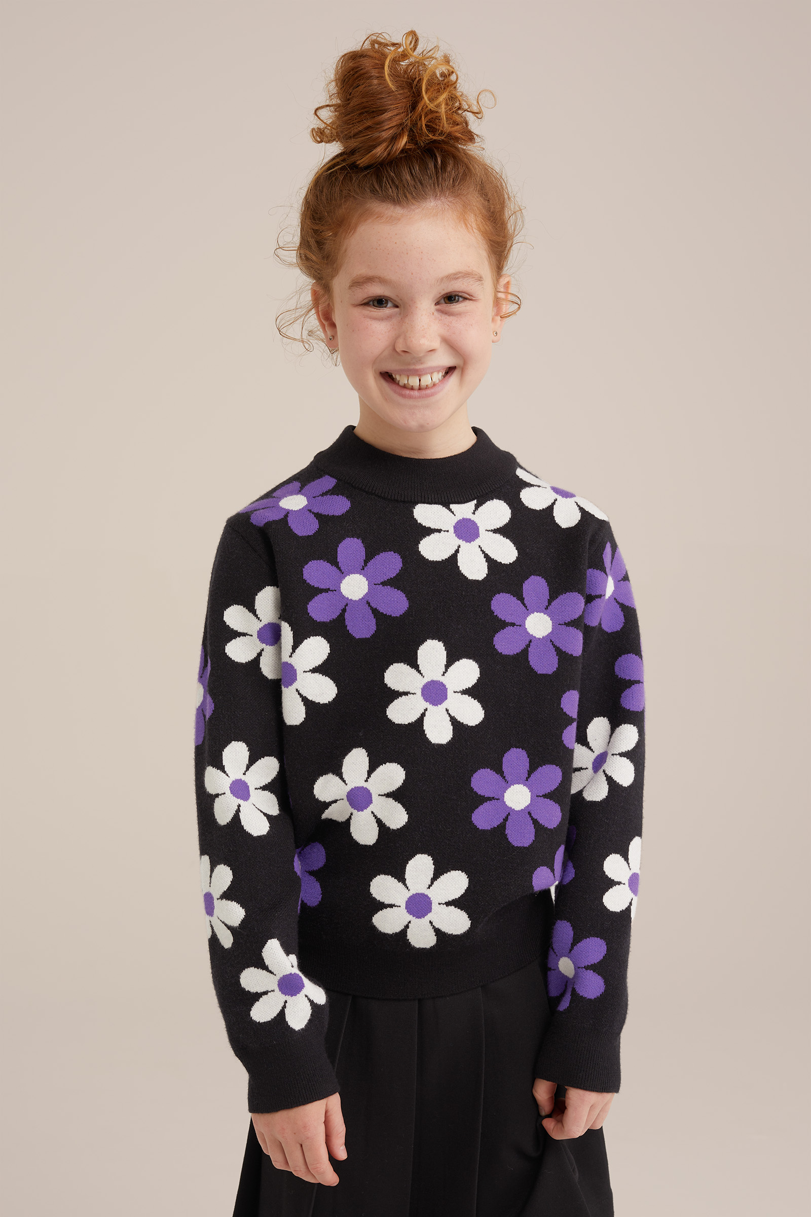 Meisjes gebreide trui met dessin WE Fashion Zwart