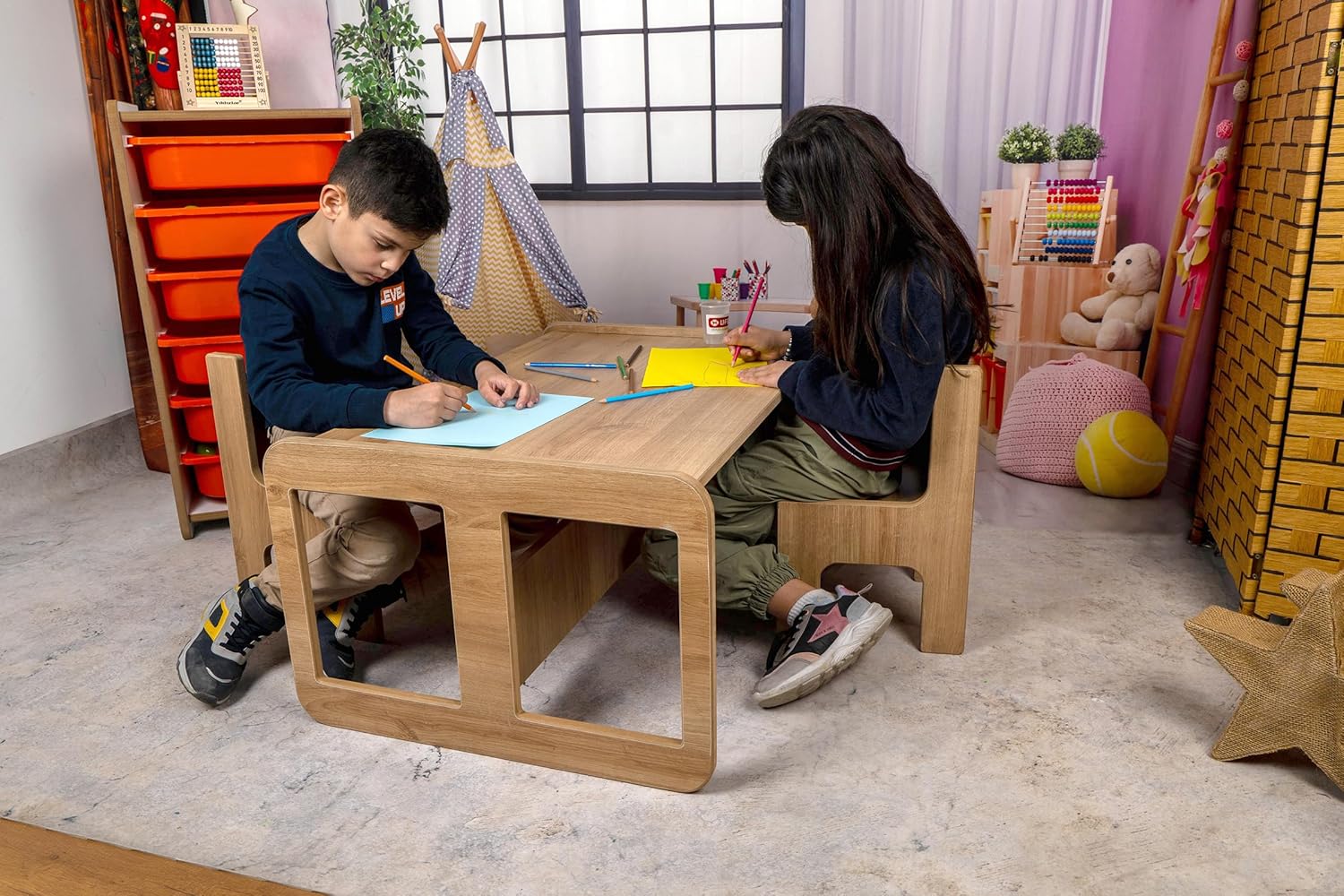 Kindertisch mit 2 weißen Schubladen - Kinderschreibtisch mit 2 Stühlen - Spieltisch - Aktivitätstisch - Zeichentisch - Holz - Walnuss