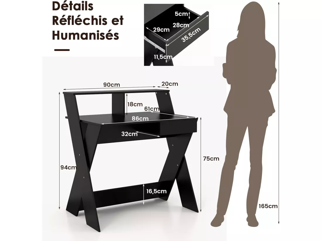 Bureau d'Ordinateur avec Tiroir, Bureau Informatique en Forme de X avec Support d'Écran, Repose-Pieds, Table de Bureau pour Étudier, Jouer, Travailler (Noir)
