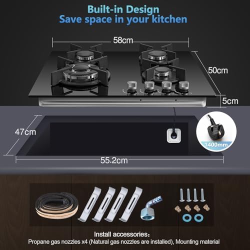 TopStrong Plaque de Cuisson Gaz 4 Feux, 60cm Plaque Gaz 4 Feux avec Sécurité Thermocouple, Cuisinière Encastrable, Naturel/Propane, 8060W, 220 240 V, Verre Noir : Gros électroménager