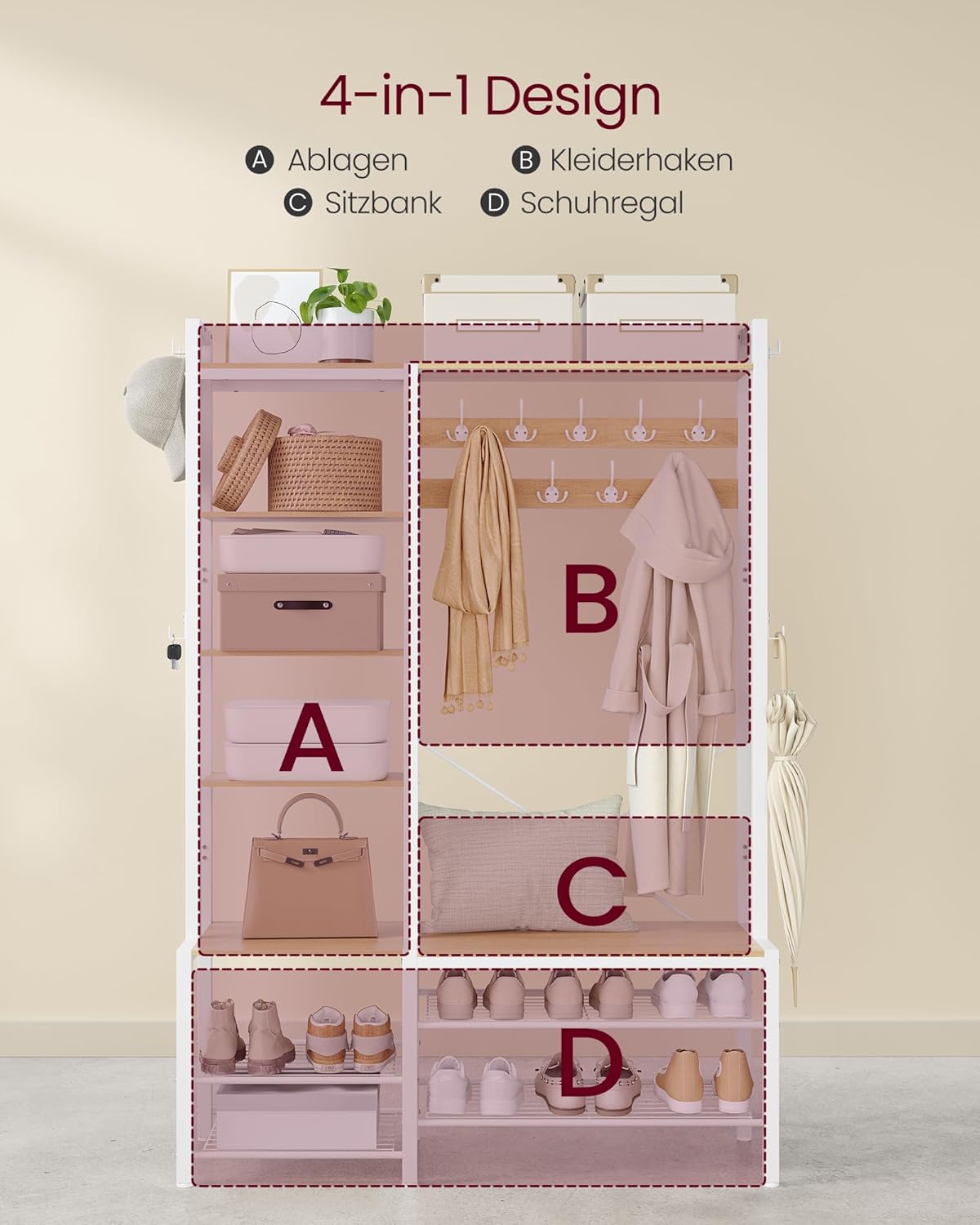 VASAGLE Garderobenständer mit Schuhbank, Garderobe, 5 Regalebenen aus Spanplatten, 9 Dreifach-Haken, 6 seitliche Haken, 40 x 120 x 190 cm, goldeichenfarben-wolkenweiß HSR426Y01