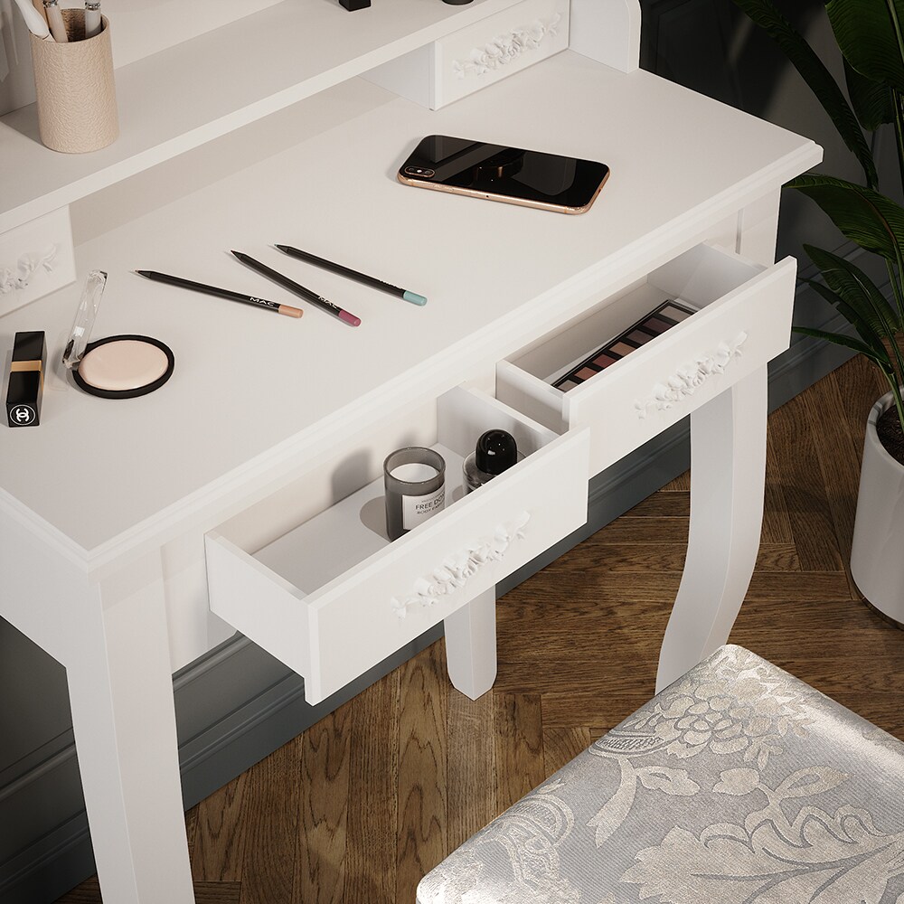 Vicco Schminktisch Frisiertisch Kosmetiktisch Meghan Weiß Schminkspiegel Hocker 75x147 Barock Schlafzimmerkommode Schminkkommode Schwenkspiegel Schublade Aufbewahrung Frisierkommode Make-Up-Tisch
