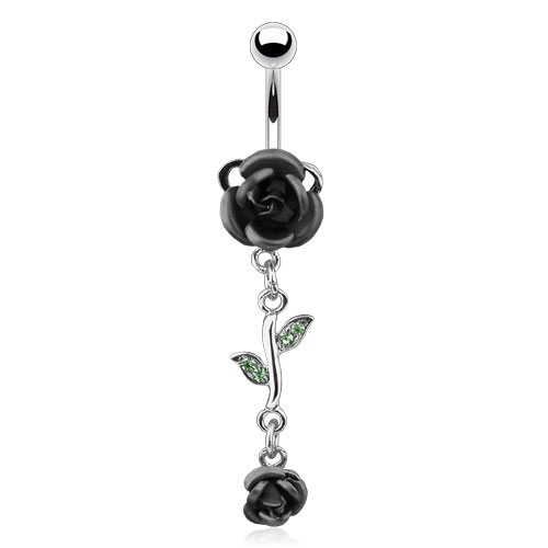 (10mm) 316L Chirurgenstahl Bauchnabelpiercing mit Gewindeverschluss Rosen Anhänger - Silber / Schwarz