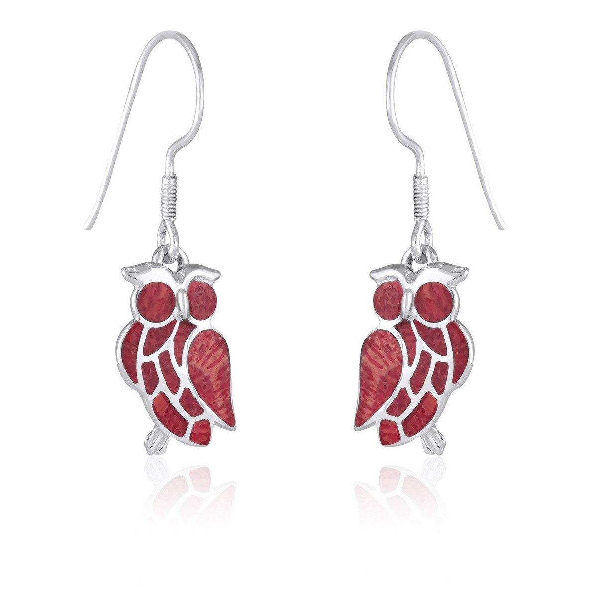 Boucles d'oreilles hibou en corail et Argent massif 925 millièmes - Bijoux de qualité supérieure  | Aden