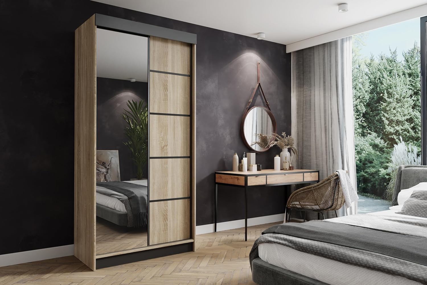 KIER FURNITURE Schiebegarderobe - Schrank Schlafzimmer – Schlafzimmerschrank – Wardrobe Bedroom – Kleiderschränke – Kleiderschrank Sonoma Eiche – 100x200x62