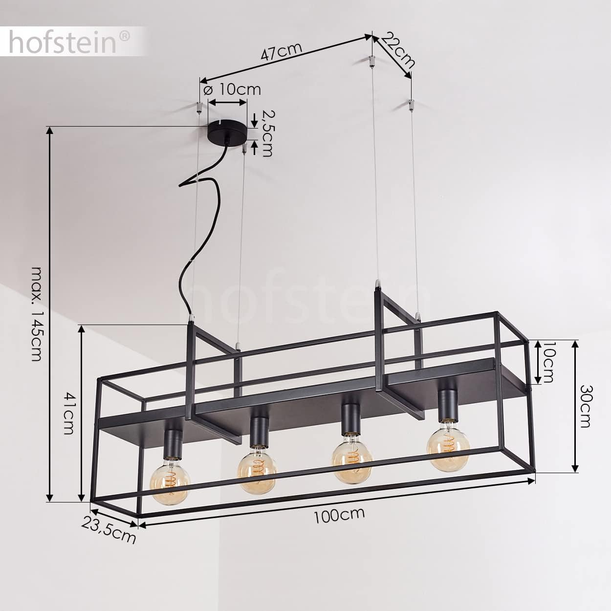 Pendelleuchte Victorine, moderne Hängelampe aus Metall in Schwarz, Hängeleuchte m. Schirm in Gitter-Optik als Ablagefläche, ideal über dem Esstisch, Höhe max. 145 cm, 4-flammig, E27, ohne Leuchtmittel