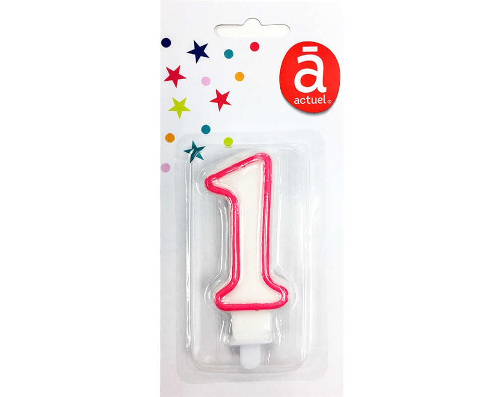 VELA DE ANIVERSÁRIO NÚMERO 1 ACTUEL BRANCO COM REBORDO COLORIDO