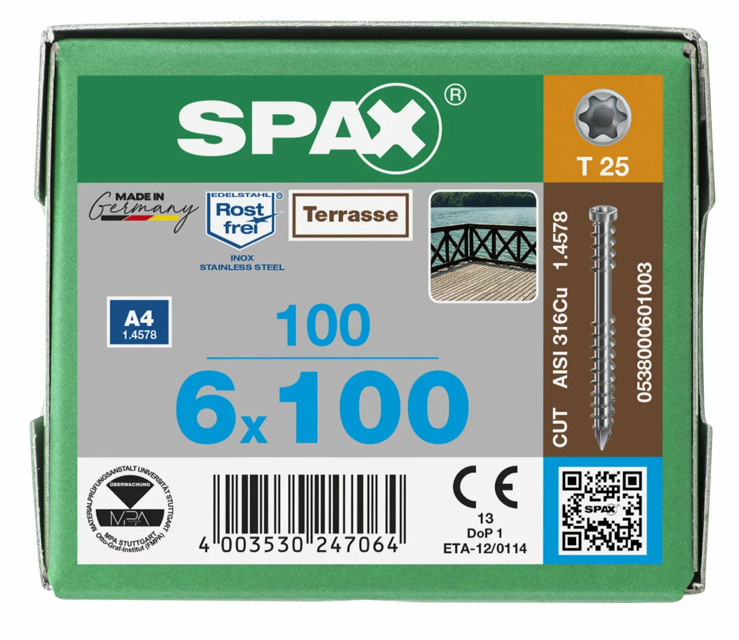 SPAX 538000601003 Terrasschroef, Cilinderkop, 6 x 100, Fixeerschroefdraad, T-STAR plus TX25 - blank - 100 stuks