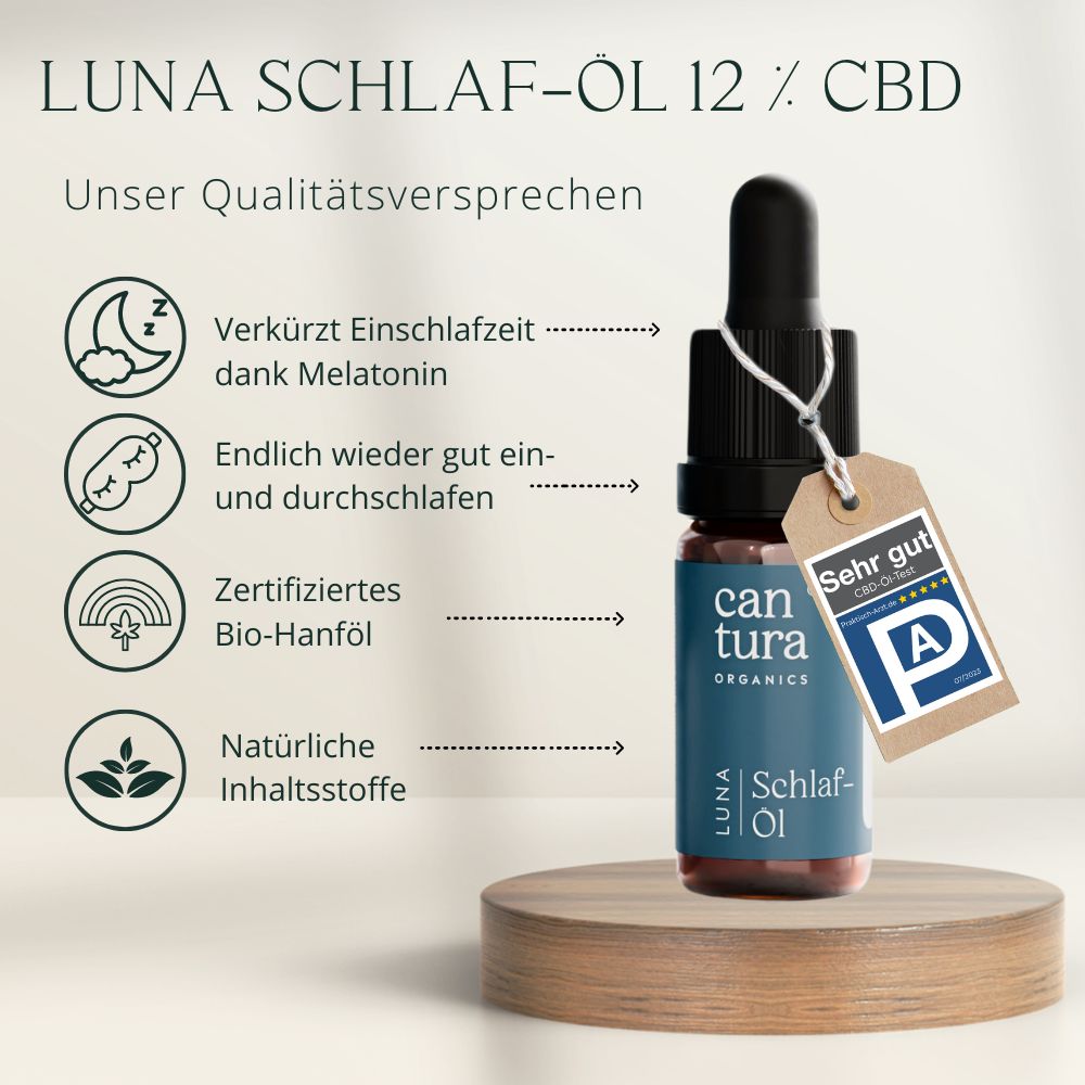 CBD-SCHLAF-ÖL LUNA : 300 CBD-Tropfen mit 12% BIO-CBD + MELATONIN von CANTURA® (Hanföl-Schlaftropfen)