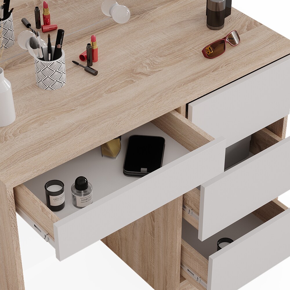 Vicco Schminktisch Sherry Sonoma Weiß, 90 x 75 cm, Spiegel, LED, Frisiertisch