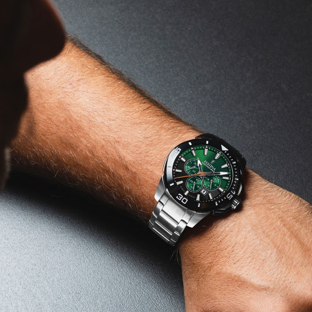 Festina Chrono Bike 47mm Edelstahl Silbrig / Grün & Schwarz