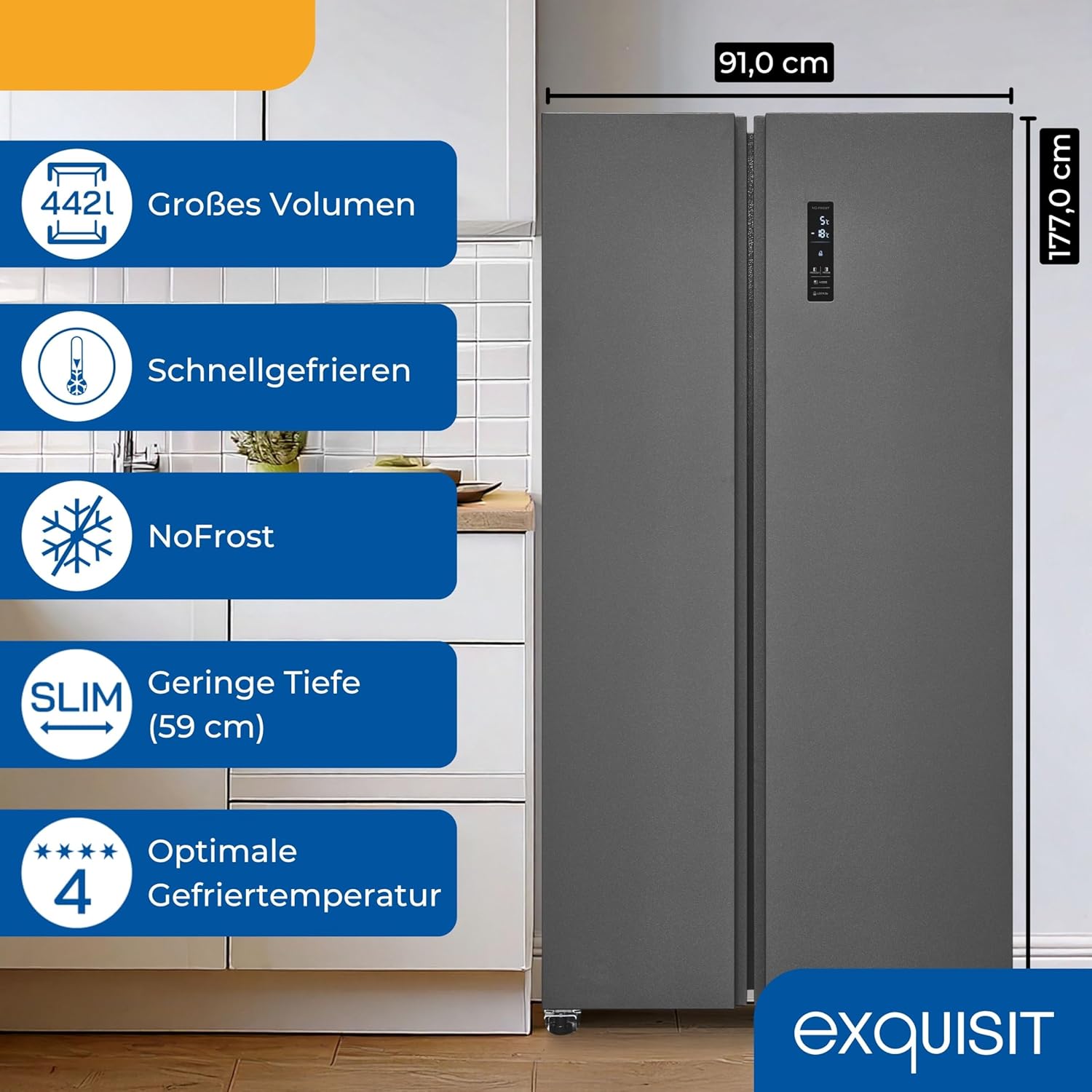 Exquisit Side-by-Side Kühlschrank mit Gefrierteil, 442 Liter, 10 Ablagen, No-Frost, LED-Anzeige, 91 cm Breite, SBS546-040E anthrazit