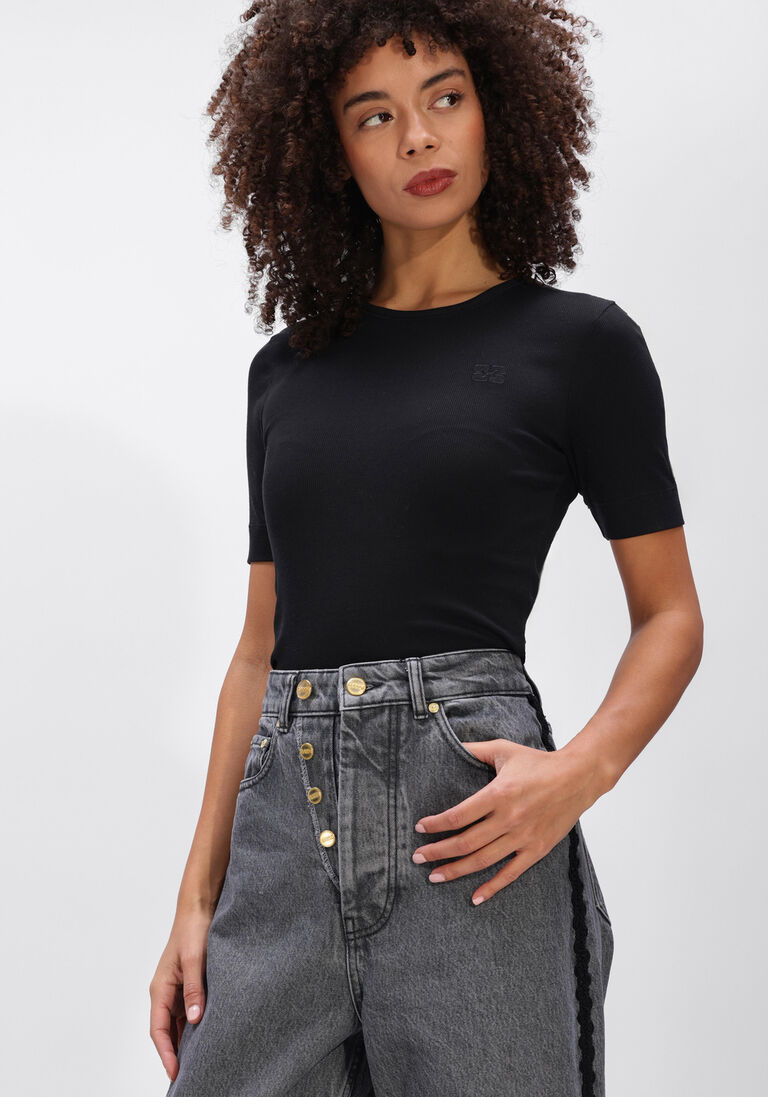 zwarte ganni top soft cotton rib short sleeve t-shirt