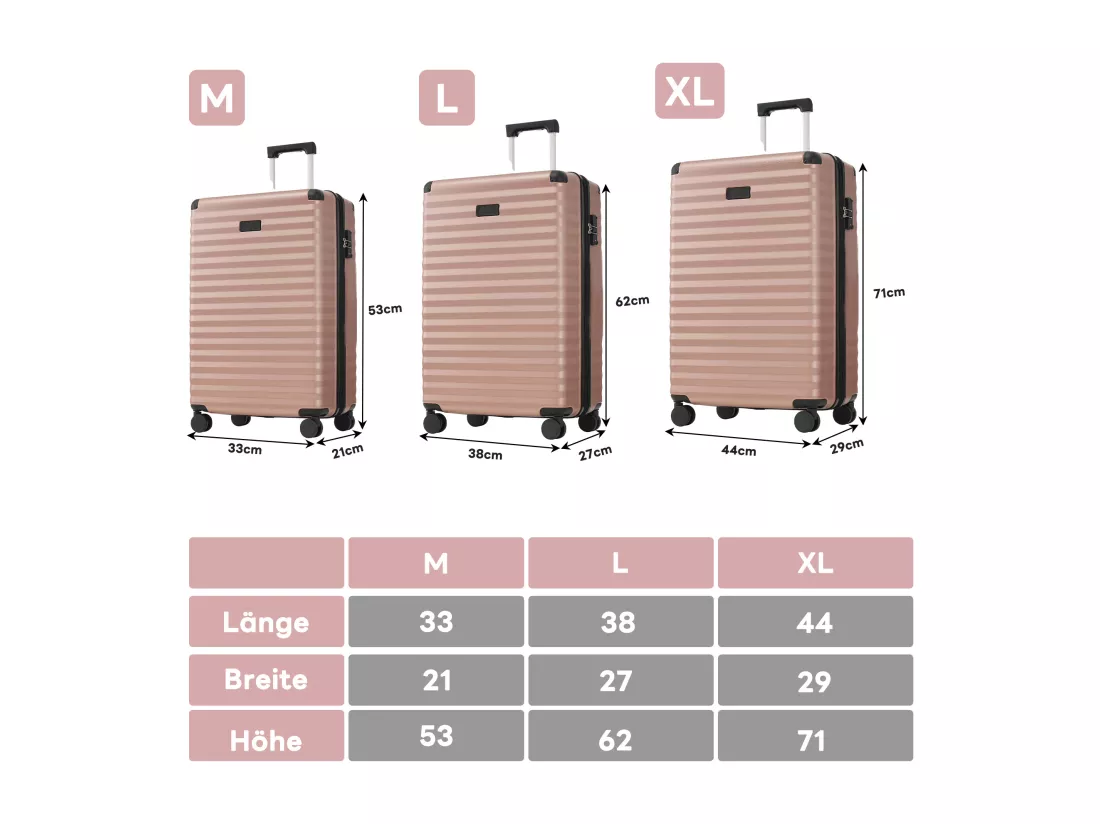 Ensemble de Bagage à main 3 pièces M&L&XL - en matériau ABS - valises à coque rigide - rose