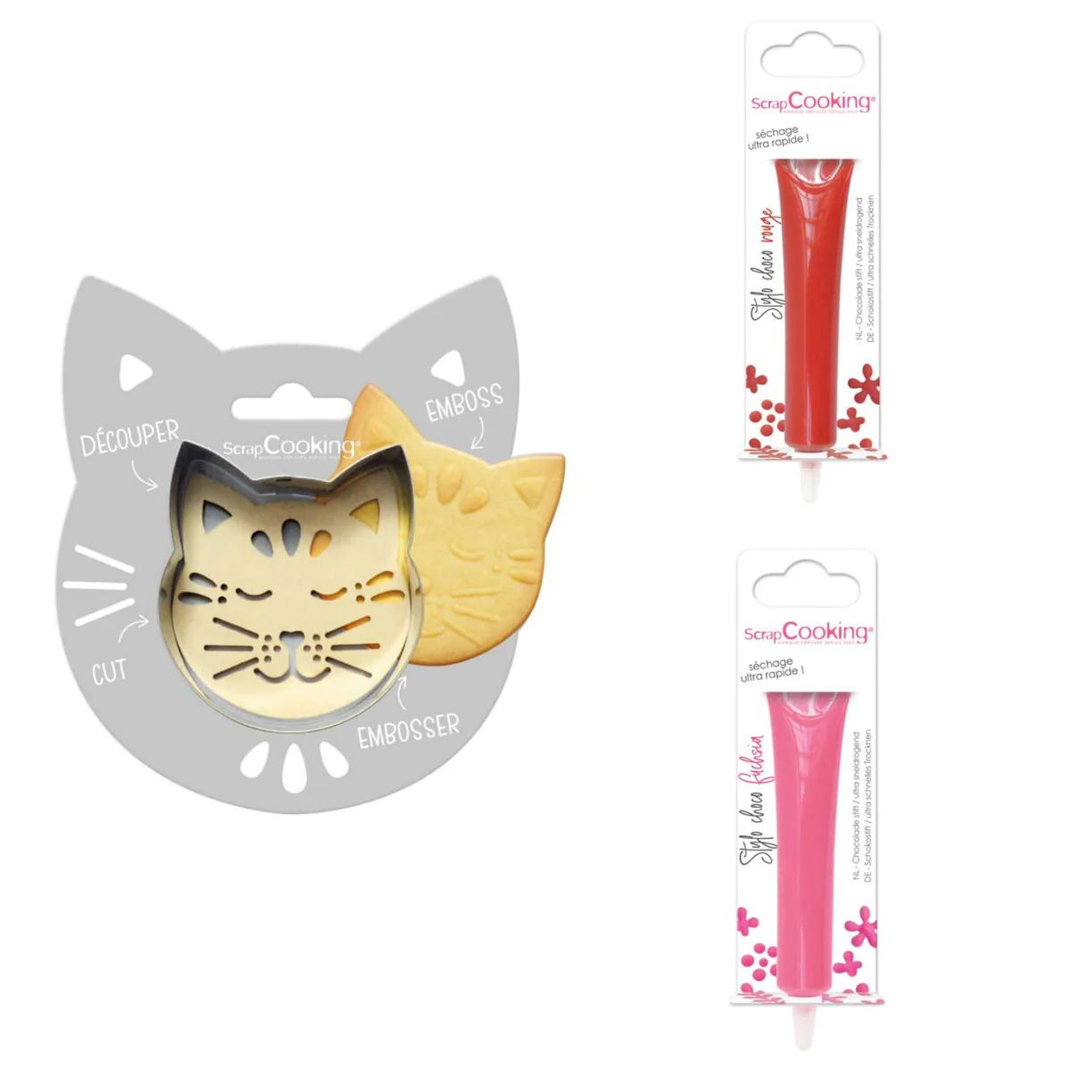 Kit pour biscuit en relief Chat + 2 Stylos au chocolat rouge et fuchsi