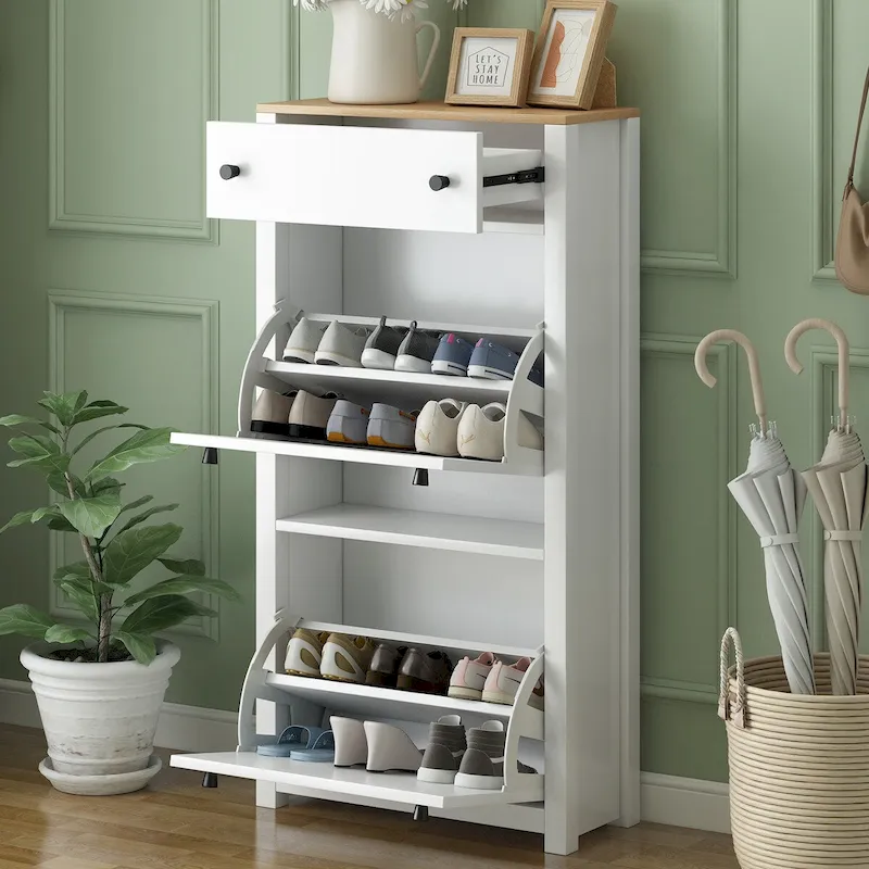 Entryway Organizer with 2 Drawers,Wood Grain Pattern Top Shoe Cabinet with Drawer, Free Standing Shoe Rack with Adjustable Panel