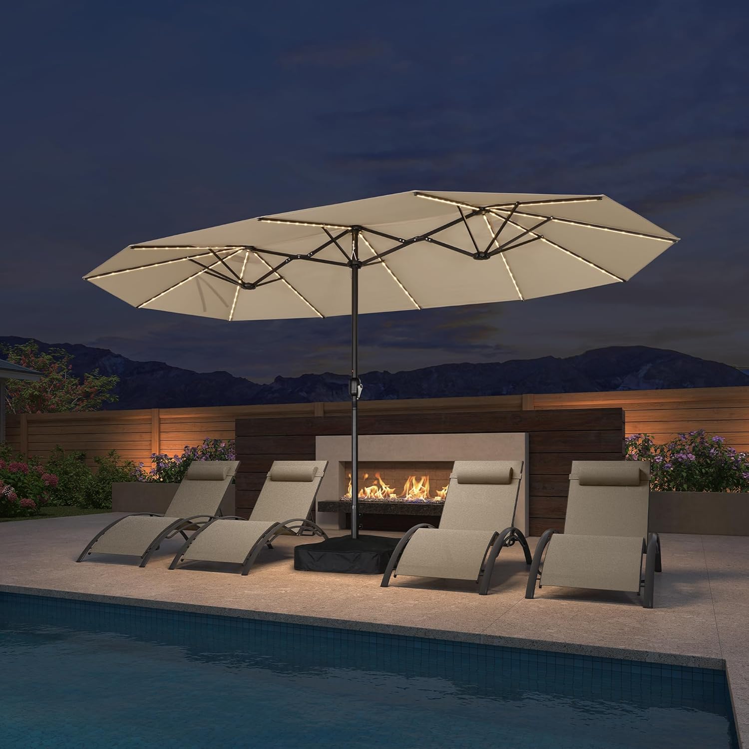 PURPLE LEAF Sonnenschirm Rechteckig 425 x 245 cm mit LED Doppelsonnenschirm Groß XXL mit Kurbel Marktschirm mit Ständer Gartenschirm UV-Schutz für Terrasse Garten, Beige