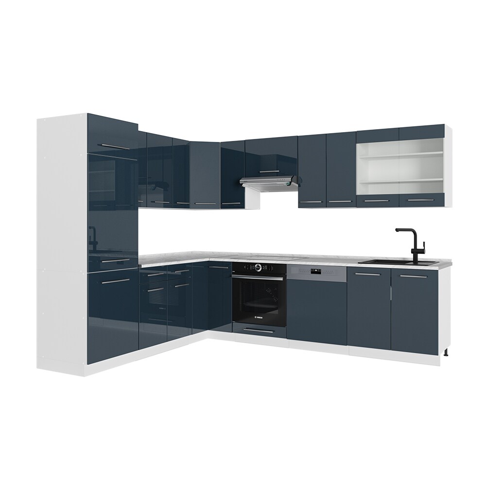 Vicco Eckküche Fame-Line Weiß Dunkelblau Hochglanz 287x227 cm mit Arbeitsplatte Eiche