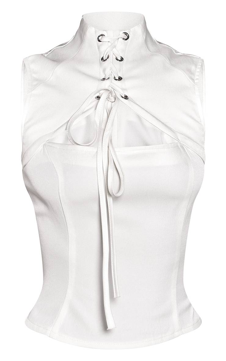 Crème Top Corset Petite À Col Montant Avec Laçage
